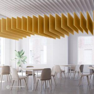 Modern baffle ceiling system with suspended metal panels for enhanced aesthetics and acoustics.