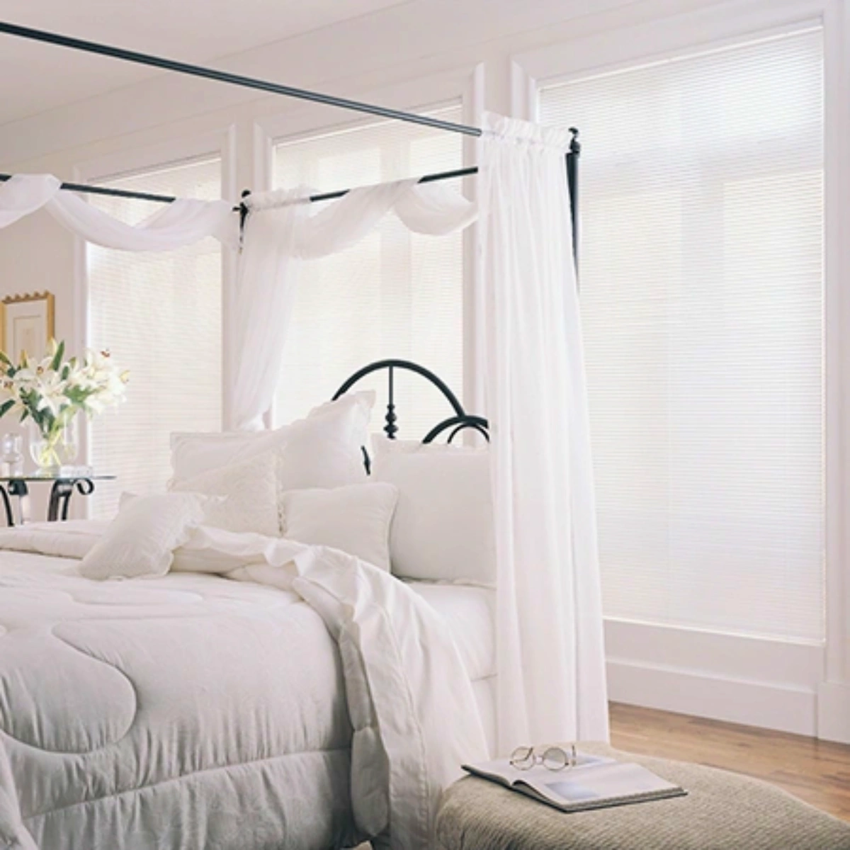 Stylish aluminium venetian blinds installed in a villa bedroom in Kerala