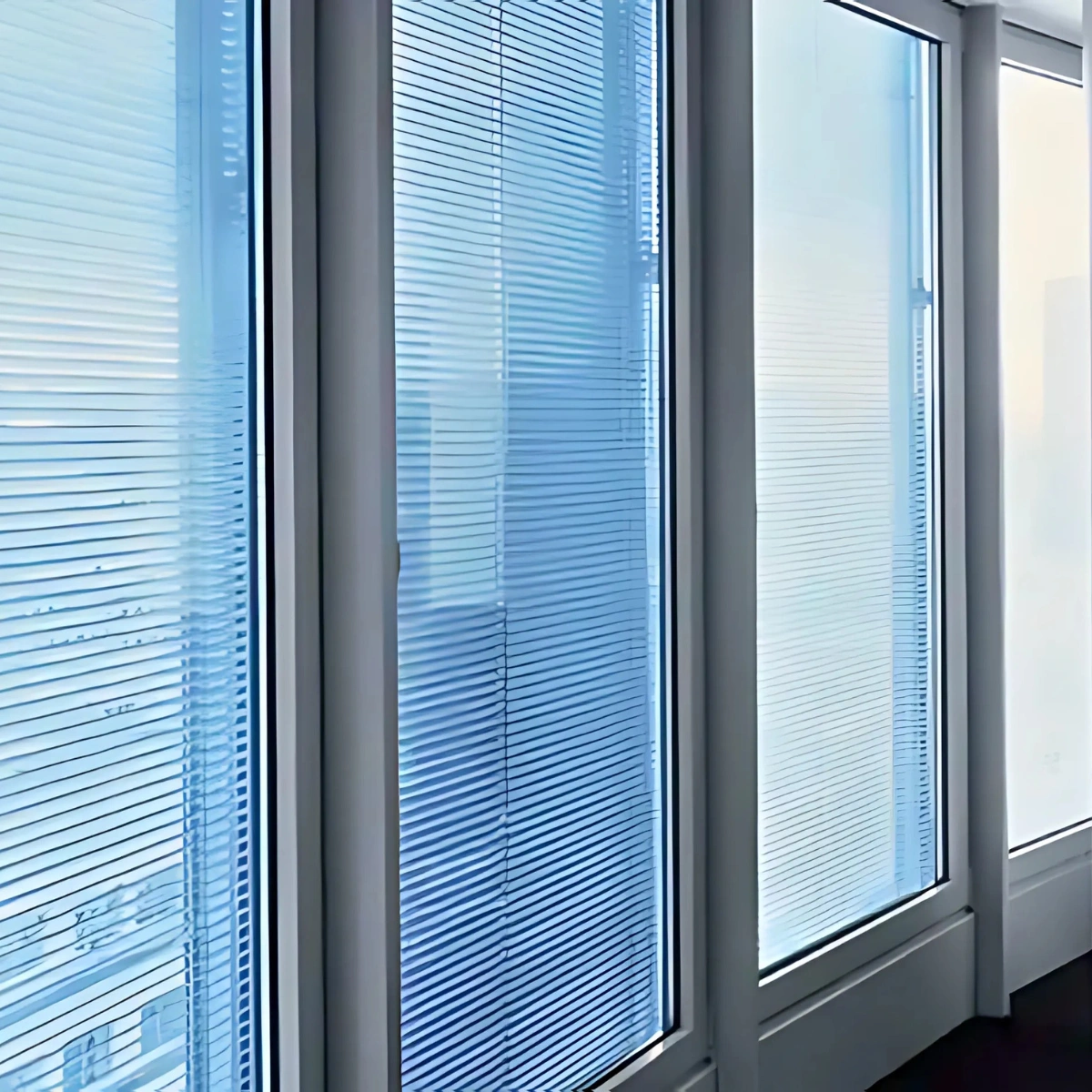 Office building with Hunter Douglas Venetian blinds installed on glass windows
