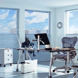 Office building with Hunter Douglas Venetian blinds installed on glass windows