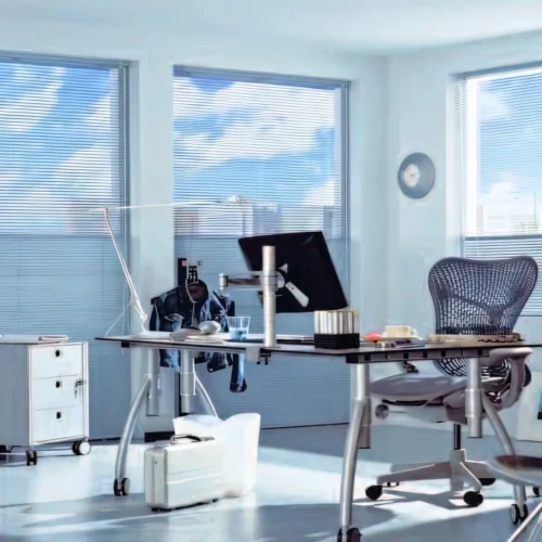 Office building with Hunter Douglas Venetian blinds installed on glass windows